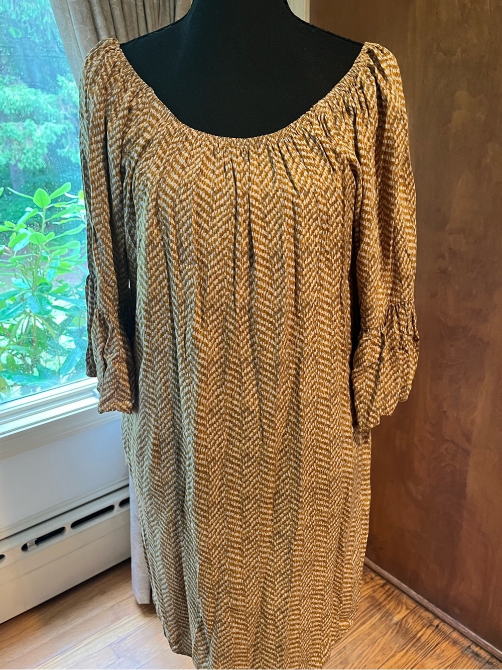 Umgee Mustard Chevron Long Sleeve Peasant Dress